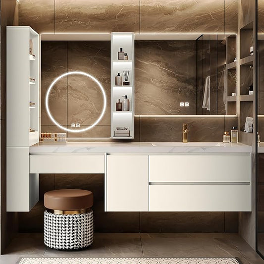 Floating Bathroom Vanity with Makeup Table, Single Sink Bathroom Vanity Includes LED Smart Defog Mirror with Open Shelf and Side Storage Cabinet, Wall-Mount Vanities with Drawers (Cream White,68")
