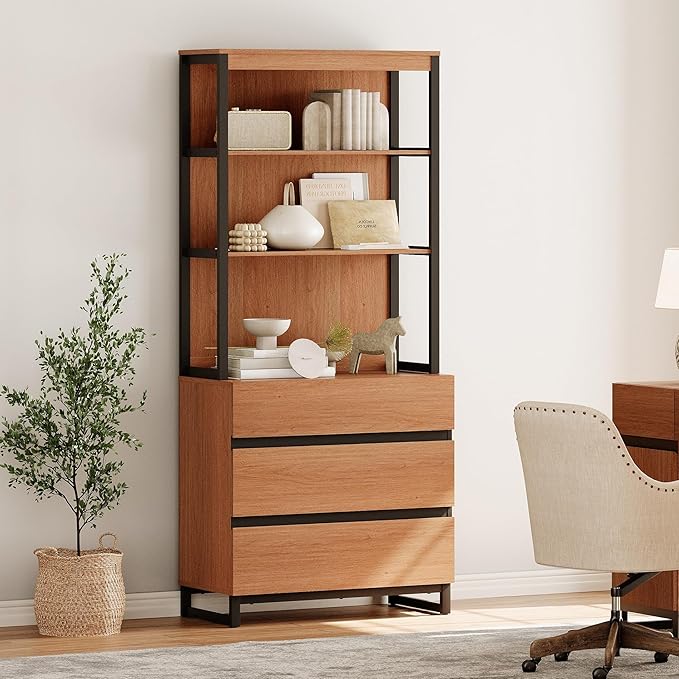 WAMPAT Modern 72" Tall Bookcase with 3 Drawers and Open Book Shelfs, Library Book Shelf with Storage Cabinet, Wood Freestanding Bookshelf for Home Office, Living Room, Mocha