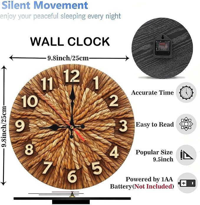 Rope Weave Sunburst Farmhouse Wooden Wall Clock 25cm*25cm
