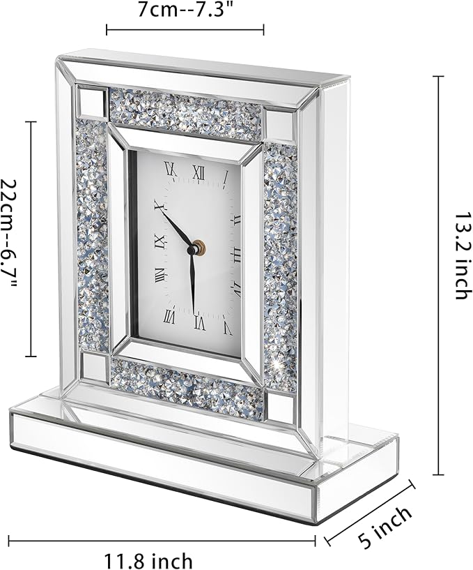 SHYFOY Mirrored Desk Clock, Decorative Table Clocks with Crushed Diamond 13.2x11.8 Luxury Rectangular Crystal Clock with Glass Beveled, Non-Ticking Silver Clocks for Living Room Office Tabletop