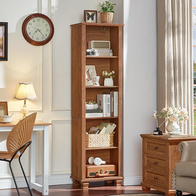 SAVOR LIFE Narrow Brown Book Shelf, 70" Tall Skinny Bookshelf with Adjustable Shelves & Wooden Legs, Farmhouse Wood Bookcase w/5-Tier Open Storage, Free Standing Book Case for Office, Living Room