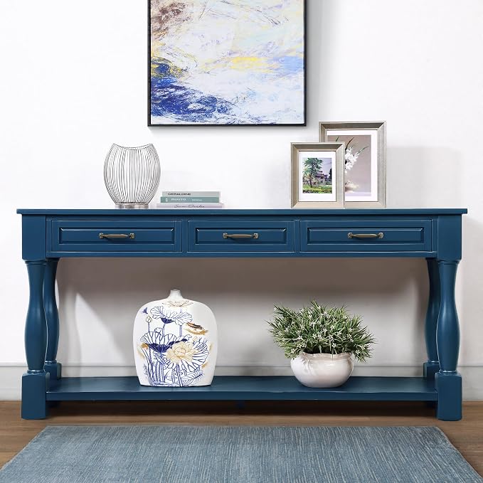 Merax Console Table with 4 Drawers, Retro Entryway Table with Open Storage Shelf for Entryway, Wood Side Table with Thick Legs for Living Room Bedroom, Navy Blue
