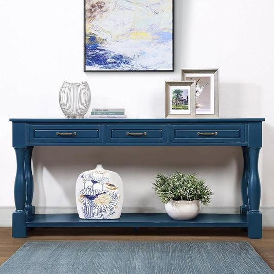 Merax Console Table with 4 Drawers, Retro Entryway Table with Open Storage Shelf for Entryway, Wood Side Table with Thick Legs for Living Room Bedroom, Navy Blue