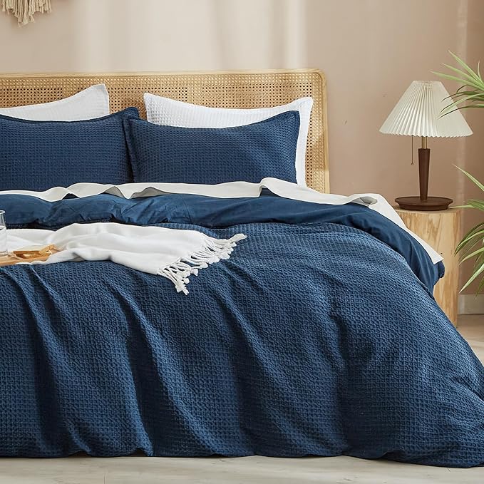 PHF Waffle Weave Duvet Cover Set Twin/Twin XL Size, No Snagging Soft Luxury Textured Breathable Comforter Cover for All Season 2pcs, Durable Bedding Duvet Set with 1 Pillow Sham, 68"x90", Navy Blue