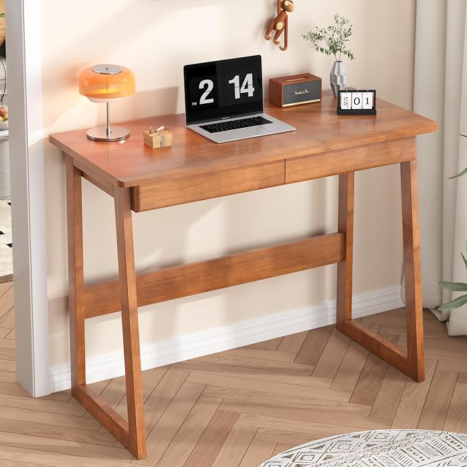 Solid Wood Desk with 2 Drawers, Mid Century Modern Home Office Desk, Vintage Writing Desks for Small Spaces, Walnut Color Computer Desk with Drawers for Study Bedroom Living Room 39.4" W