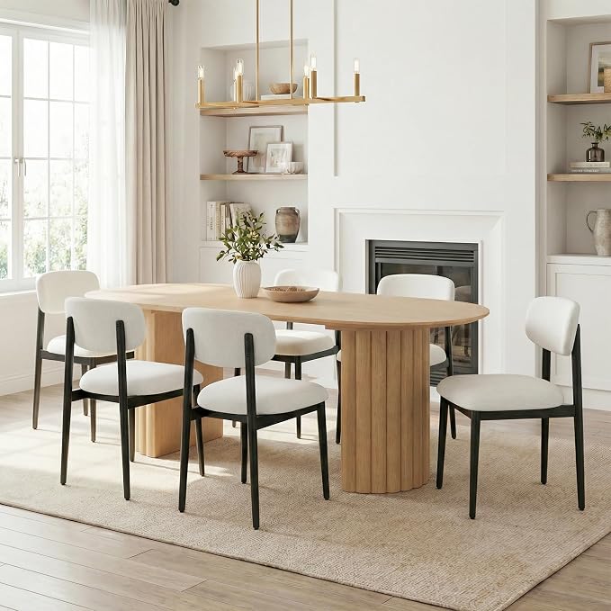 Casaphoria Upholstered Dining Chairs Set of 2, Mid-Century Modern Kitchen Chairs with Solid Wood Legs & Thick Cushion, Ergonomic Fabric Accent Chairs for Dining Room, Vanity & Office, White and Black