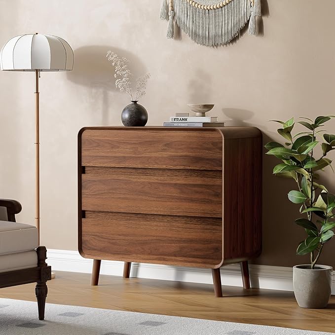 3 Drawer Dresser for Bedroom, Mid Century Modern Chests of Drawers, Curved Bedroom Dresser with Storage Drawer, Wooden Furniture for Living Room, Closet, Home Office,Walnut