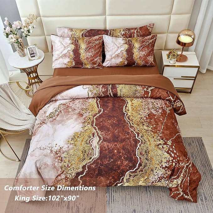 PERFEMET 6 Pcs Brown Marble Bedding Set King Watercolor Tie Dye Printing Comforter Set with Sheets Abstract Artwork Brown and Gold Bed in A Bag Complete Set(Coffee Brown, King)