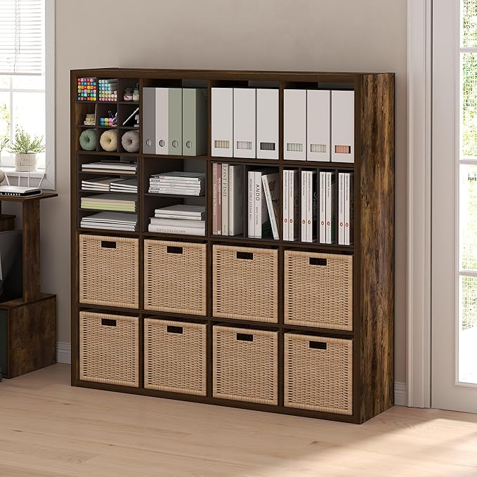 Furinno Cubicle Book Shelf, 16-Cube Bookshelf, Extra Thick Frame Reversible Bookcase with Open Back, 14.6" x 58" x 58", for Living Room, Bedroom, Home Office, Amber Pine