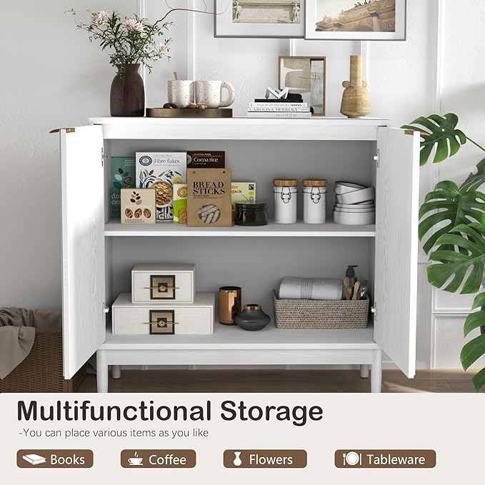 Fluted Cabinet with Storage, Buffet Cabinet Sideboard with Door, Kitchen Buffet Storage Accent Cabinets with Adjustable Shelves for Living Room, Entry, Hallway, White