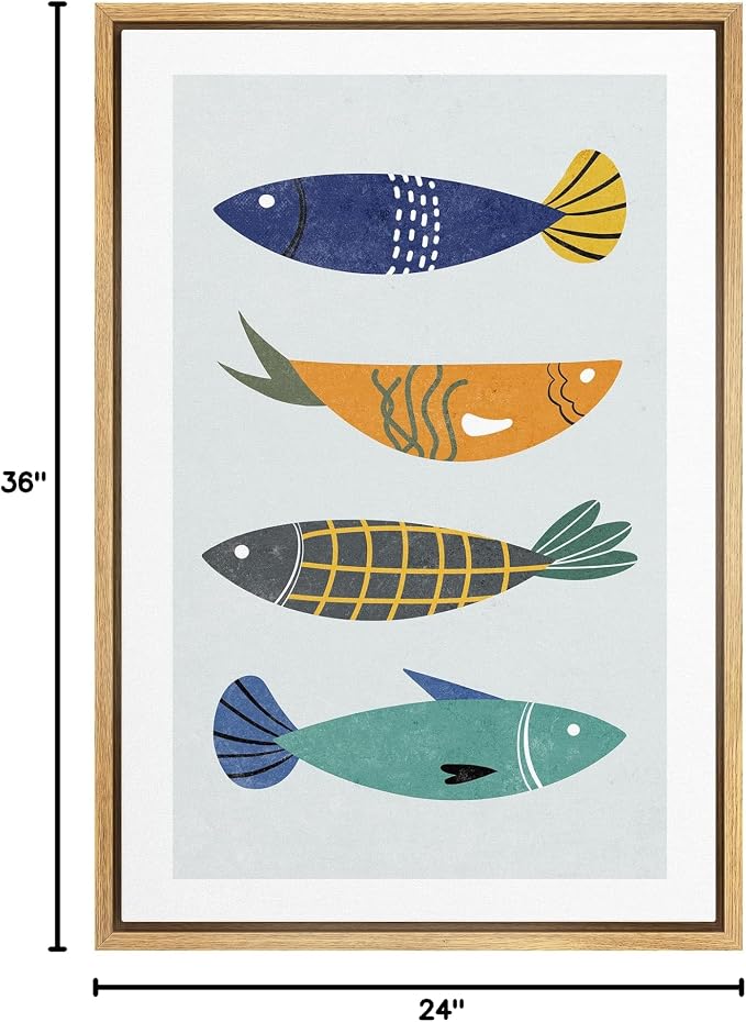 Woodrose Framed Canvas Print Wall Art Retro Pattern Vintage Fish Variety Animals Shapes Illustrations Modern Minimalist Chic Relax/Calm Multicolor for Living Room, Bedroom, Office - 24"x36" Natural