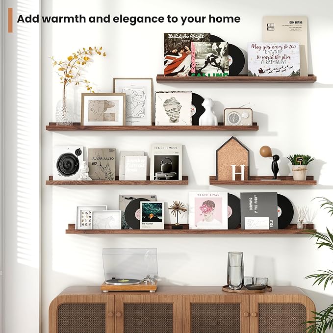 Fun Memories Picture Ledge Shelves Set of 2, 32 Inch Rustic Wall Mounted Floating Shelves with Lip for Home Storage and Décor in Bathroom, Kitchen, Nursery, Bedroom, Living Room, Walnut
