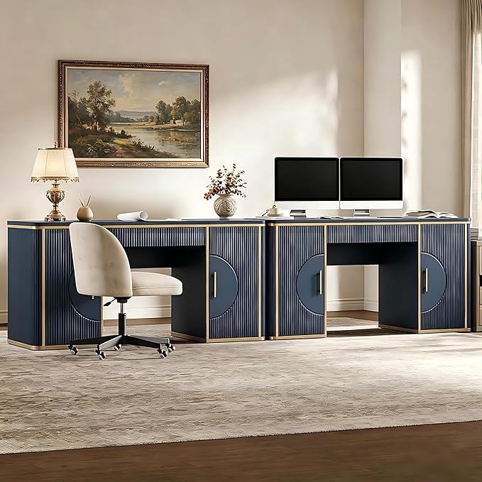 60" Fluted Writing Desk, Wooden Long Home Office Computer Desk with Drawer & Storage Cabinet, Modern Writing Table with Charging Station, High Executive Desk, Bedroom, Navy Blue, Set of 2