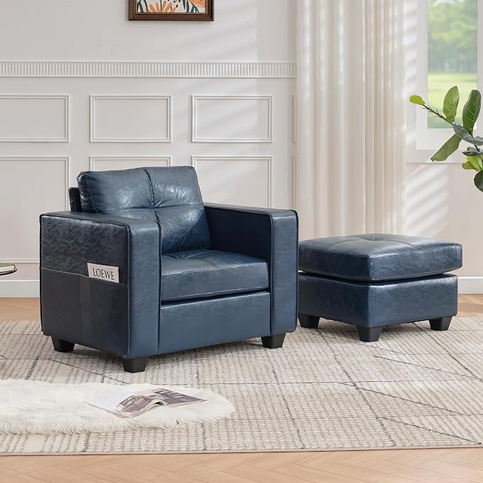TYBOATLE Oversized Accent Chair with Ottoman, Wide Chaise Lounge Chair Indoor, Mid Century Modern Blue Armchair with Pockets, Leather Comfy Chairs for Bedroom, Living Room, Office