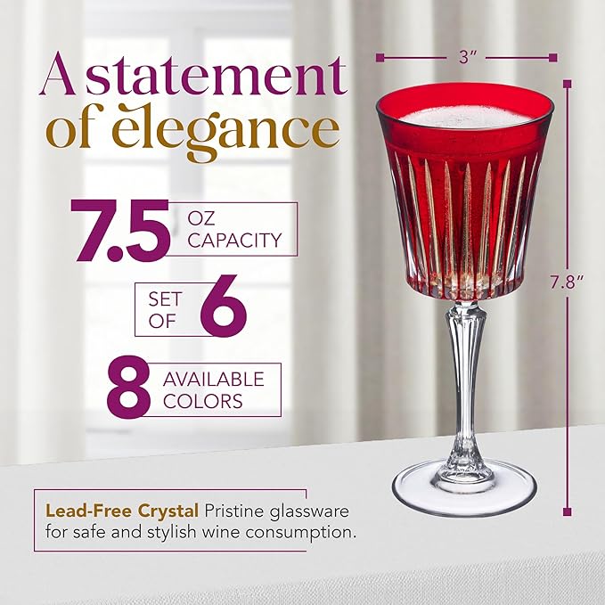 Barski European Colored Wine Glasses - Set of 6 Wine Goblets for Red or White Wine - Elegant Glassware Water Goblets - Gift Ready Stemware, Colorful Wine Glasses, 7.5 oz, Assorted