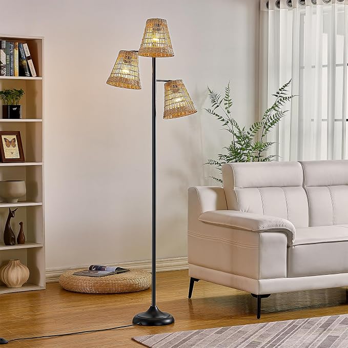 Maxax 72" Boho Rattan Floor Lamp for Living Room, 3-Lights Tree Floor Lamps, Tree Farmhouse Industrial Black Standing Lamp with Woven Shade for Bedroom, House