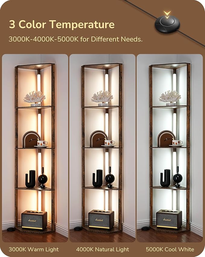 EDISHINE 64" LED Floor Lamp, Modern Floor Lamp with Shelves, Tall Standing Lamp with 3 Color Temperature, Stepless Dimmable Corner Floor Lamps for Living Room, Bedroom, Office, Burlywood