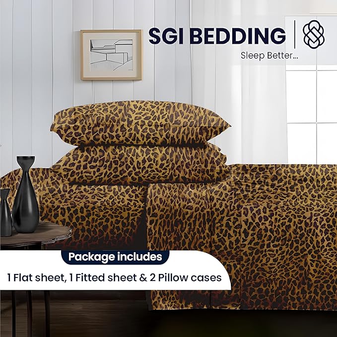 SGI bedding 100% Egyptian Cotton Sheets RV King Size – 600 Thread Count Sheets Set, Soft, Cooling, 15" Deep Pocket, Luxury Hotel Bedding, Breathable, Durable - Leopard Print