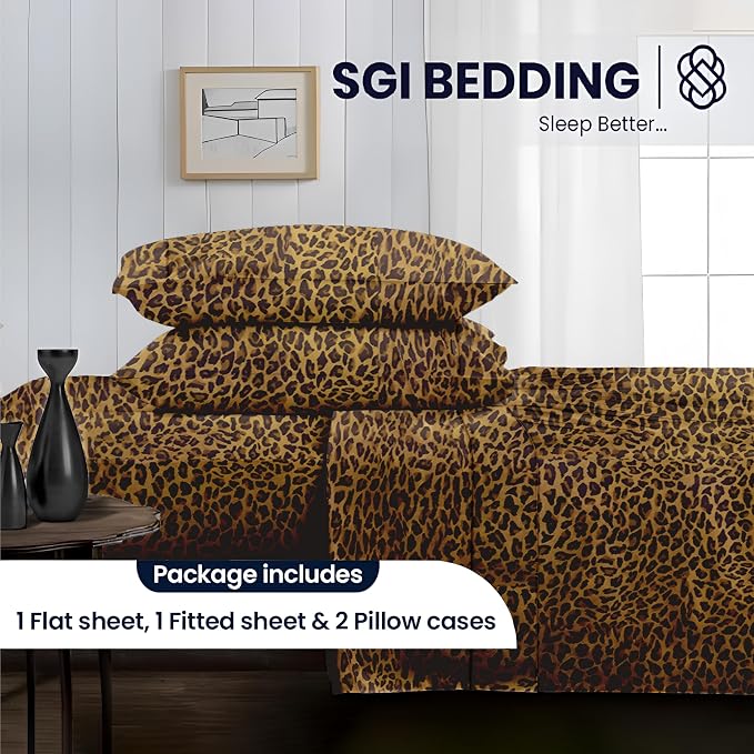 SGI bedding 100% Egyptian Cotton Sheets Full XL Size – 600 Thread Count Sheets Set, Soft, Cooling, 15" Deep Pocket, Luxury Hotel Bedding, Breathable, Durable - Leopard Print
