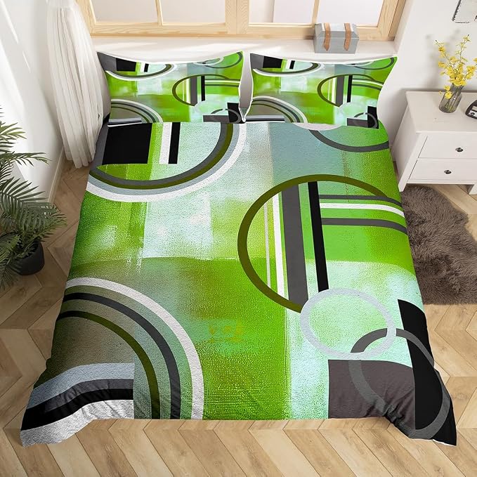 Erosebridal Ombre Watercolor Duvet Cover,Green Grey Comforter Cover for Kids Boys Girls,Swirls Circles Bedding Set,Grunge Modern Texture Quilt Cover,Contemporary Abstract Pastel Bed Cover,Full 3 Pcs