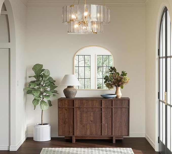 Sideboard Buffet Cabinet with Storage, 47.2" Large Sideboard with 2 Doors& 3 Drawers, Mid Century Modern Credenza with Skeleton line&Wood Grain for Living Room, Kitchen and Entryway, Walnut