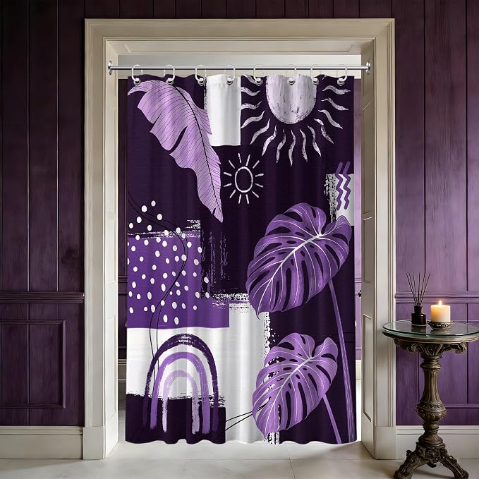 Small Stall Narrow Dark Purple Shower Curtain Lavender Stand Up Abstract Bohemian Leaf Shower Curtains for Rv Camper Bathroom Decor Sets, Waterproof Cloth Fabric with Hooks, 36 x 72 Inch