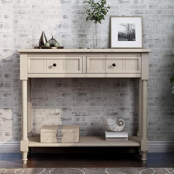 35.43” Entry Console Table with Drawers & Bottom Open Shelf, Solid Wood Sofa Couch Table for Entryway Living Room, Save Space, Retro Grey