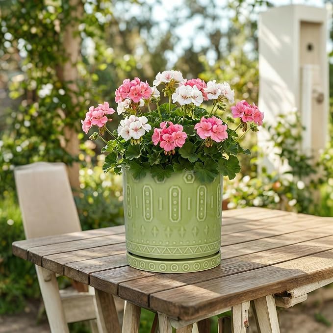 Eightpot Ceramic Pots for Plants, 8 Inch Plant Pot with Drainage Hole and Tray, Round Planters for Indoor Plants, Modern Flower Pot, Decorative Planter, Living Room Decor, Gardening Gifts, Green