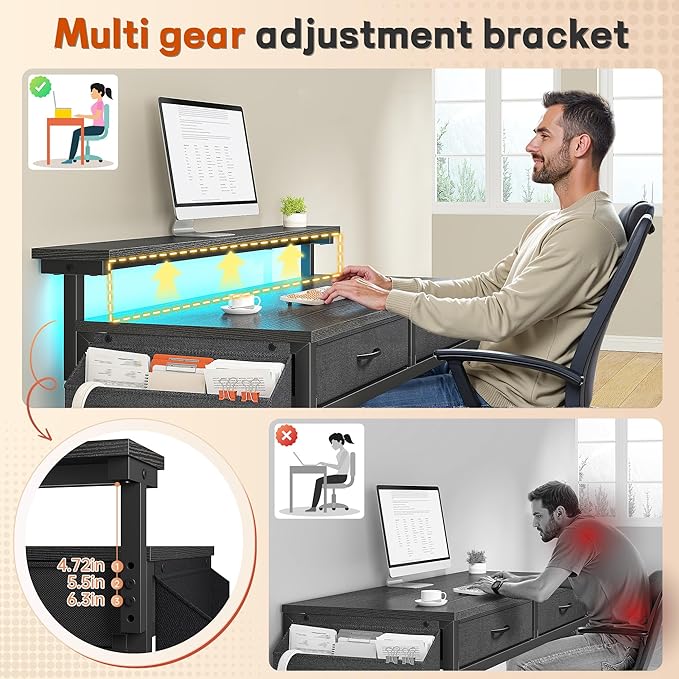 DurayLoly Gaming Desk with LED Lights & 2 Fabric Drawers, 39.4Inch Home Office Computer Desk with Side Pocket & Ergonomic Monitor Stand, Small Space Study Writing Table with Anti-Tip Design,Black