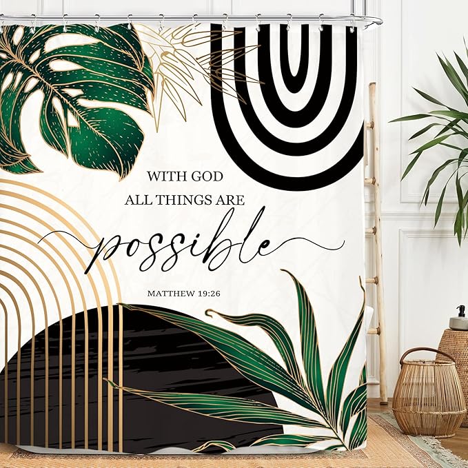 Miyotaa Abstract Emerald Green Shower Curtain Set 60Wx71H Inches Bible Christian Inspirational Motivational Minimalist Modern Tropical Leaves Contemporary Bathroom Curtain with 12 Hooks