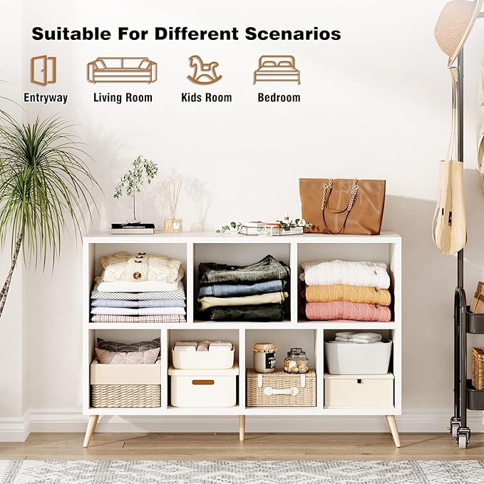 7-Cube Storage Organizer with Natural Wood Legs, Mid-Century Modern Bookcase and Display Cabinet, Freestanding Toy Storage Bookshelf for Living Room, Kids Room and Bedroom, White