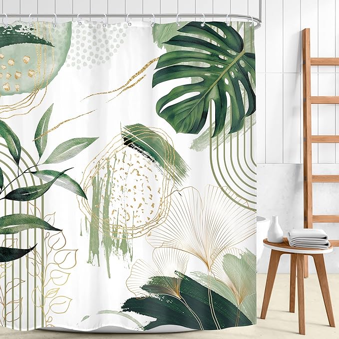Sage Green Boho Shower Curtain 72Wx78H Mid Century Modern Tropical Palm Leaves Plant Abstract Bohemian Geometric Arch Bathroom Decor Botanical Bath Curtain Fabric Polyester 12 Pack Hooks