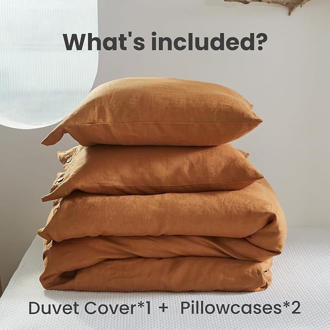 Simple&Opulence 100% Linen Duvet Cover Set 3pcs with Coconut Button Closure Natural French Washed Flax Solid Color Soft Breathable Farmhouse Bedding - Rust, King Size