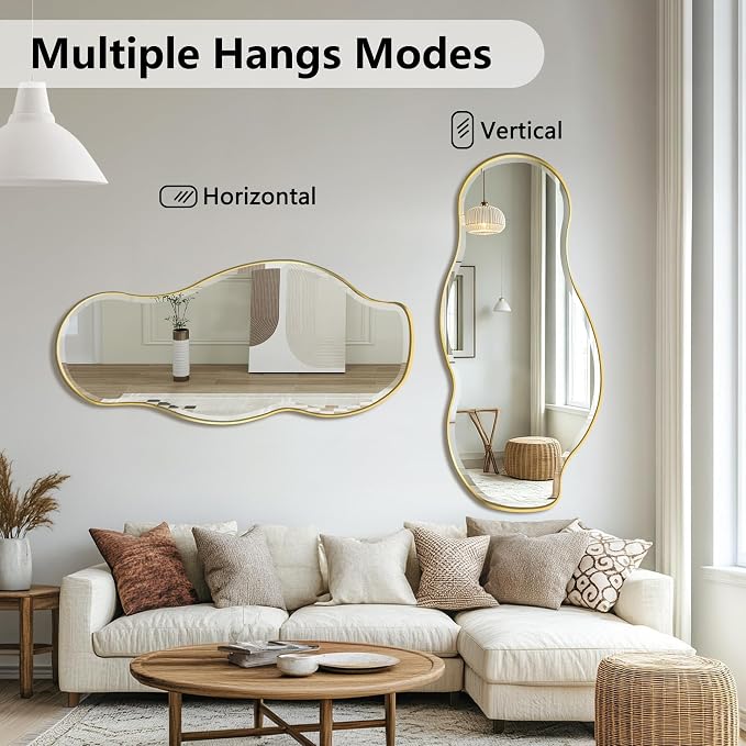 POZINO Irregular Beveled Mirror, 40"x18" Asymmetrical Vanity Wall Mirror with Gold Metal Frame, Organic Shape Mirrors for Bathroom Entryway Bedroom Hallway, Horizontal/Vertical Hanging