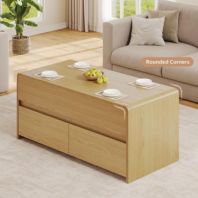 Coffee Table Lift Top, 40 Inch Multi-Function Coffee Table with 2 Drawers, Hidden Compartment, Curved Profile Design, Converts to Home Office Table, Dining Table for Living Room, Natural