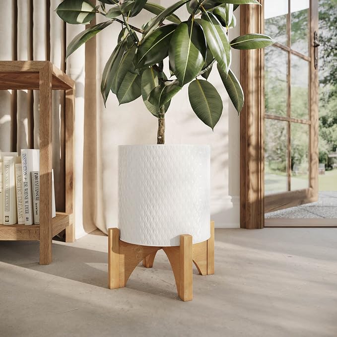 EverNest Claire Boho Modern White Planter with Arch Wood Stand, Indoor Mid-Century Plant Pot, SelectBase, Minimalist Planter Stand Home Décor (Small, 1 Gallon)