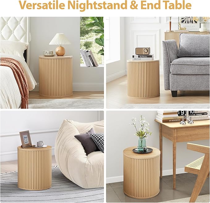 AVZEAR Fluted Round Side Table with Storage, Small End Table Modern Boho Nightstands, Circle Bedside Tables Bohemian Accent Table Wood Night Stand for Small Spaces, Living Room, Bedroom (Nature)