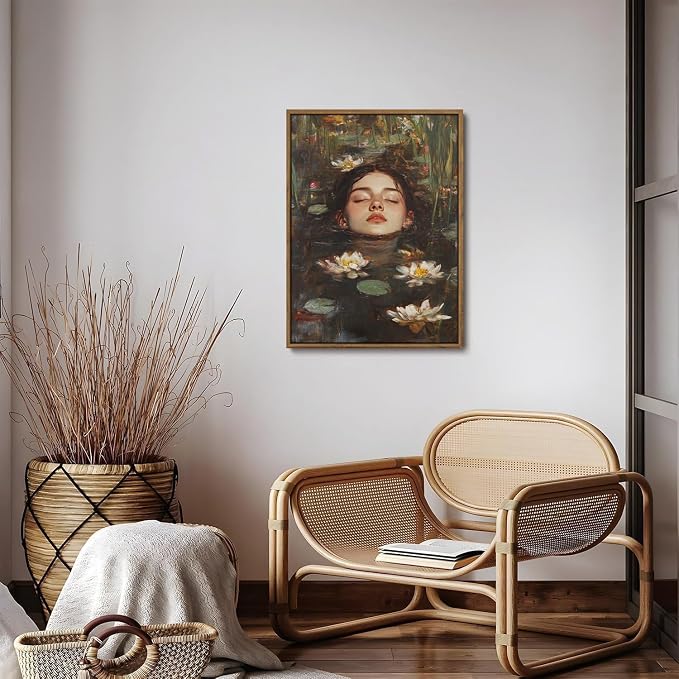 WALLZK Vintage Framed Wall Art Lotus Pool Canvas Prints Woman Portrait Artistic Painting Decor Artwork for Walls Living Room Bedroom Bathroom 16"x24"