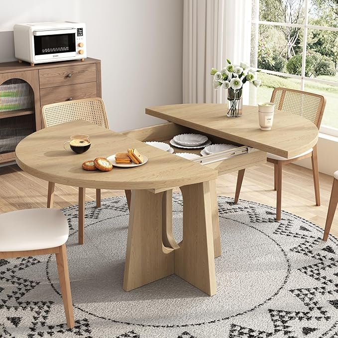 59-Inch Extendable Round Dining Table for Dining Room, 4-6 People Farmhouse Oval Wood Expandable Kitchen Dinner Table with Heavy Cross Pedestal for Living Room, Apartment, Light Oak