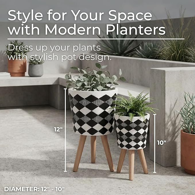 Resin Planter Stands Set – Plant Stand for Living Room or Patio Display for Greenery and Home Decor Styling, Geometric Mid-Century Design for Modern Outdoor Decor – 12" & 10", Black and White