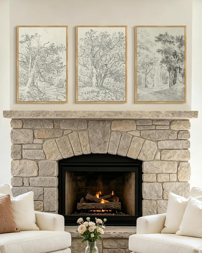 KUVIOKE Vintage Tree Framed Wall Art Retro Antique Forest Drawings Nature Wilderness Sketch Wall Painting Modern Landscape Decor 16x24in (Natural Framed)