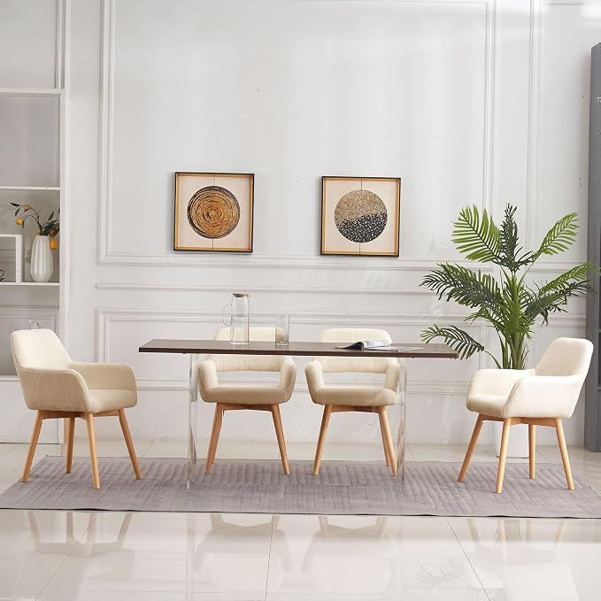Mid Century Modern Dining Chairs Set of 4 & 2 & 6 Comfy Accent Chair Upholstered Kitchen Dining Living Room Chairs for Bedrooms Waiting Room Home Arm Desk Chair No Wheels (Wool Light Khaki, 4)
