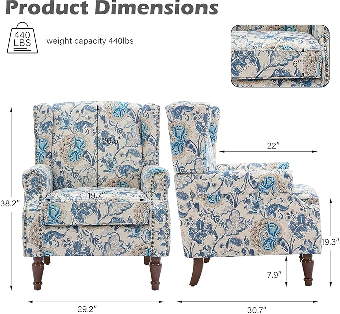 High Back Accent Chairs Set of 2, Floral Wingback Chair Fabric Upholstered Armchair for Living Room, Nailhead Trim Single Sofa Bedroom Reading Seat - Boho Blue