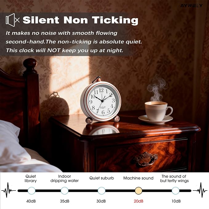 AYRELY® 5.3" Vintage Analog Alarm Clock, Battery Operated Metal Desk Clock, Retro Table Clock with Light for Living Rooms, Bedrooms, Shelf, Home Decor (White)