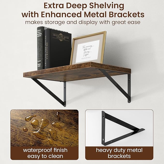 Axeman Deep Floating Shelves - 20 Inch Floating Shelves Set of 2-12 Inch Deep Brown Wood Wall Shelves for Living Room Bathroom Kitchen