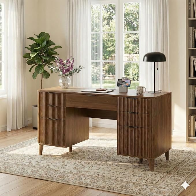 Walnut Desk with Drawers, 55" Fluted Executive Desk with Storage Cabinet, Wood Home Office Desk with File Cabinet, Modern Computer Writing Desk for Study, Living Room, Bedroom
