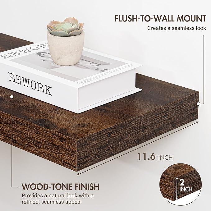 55 Inch Floating Shelves, 12" Deep Floating Shelf Wall Mounted, 55" Wall Shelves, Rustic Deep Bookshelf, Extra Deeper & Thicker Display Shelves for Bedroom, Living Room, Brown, Set of 2