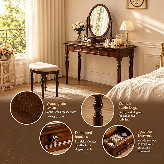 47" Narrow Solid Wood Writing Desk with Drawers, Walnut French Country Style Computer Desk for Home Office, Living Room or Study