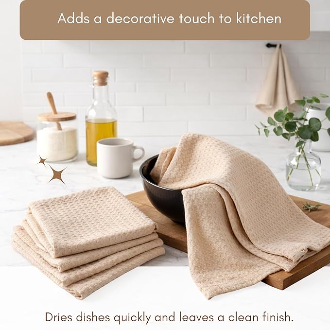 TWINY threads Kitchen Towels Set of 12, 16x26 Inches, 100% Cotton Waffle Weave Dish Towels, Soft, Absorbent Tea Towels with Hanging Loop, Washable Reusable Cloths for Cleaning, Beige