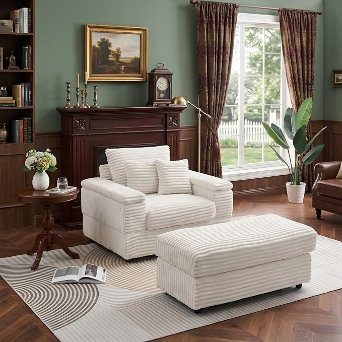 Eafurn 43.3" Oversized Accent Chaise Lounge Chair with Ottoman, Modern Corduroy Upholstered Convertible Recliner Armchair Sleeper Lounge Chair with Wood Frame for Living Room Apartment